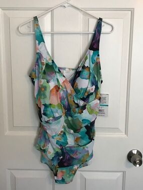 Maxine Of Hollywood Minimizer Tummy Control Surplice Girl Leg Swimsuit Sz 16